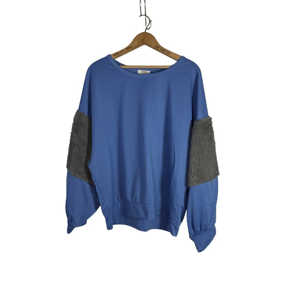 Umgee Sweatshirt Womens Blue Gray Fuzzy Fur Sleeve Oversized Pullover Large
